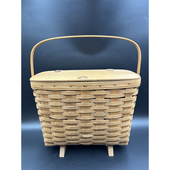 Vintage Footed Longaberger "Magazine" Basket w/ Handle, Lid, & Plastic Liner - Picture 1 of 14